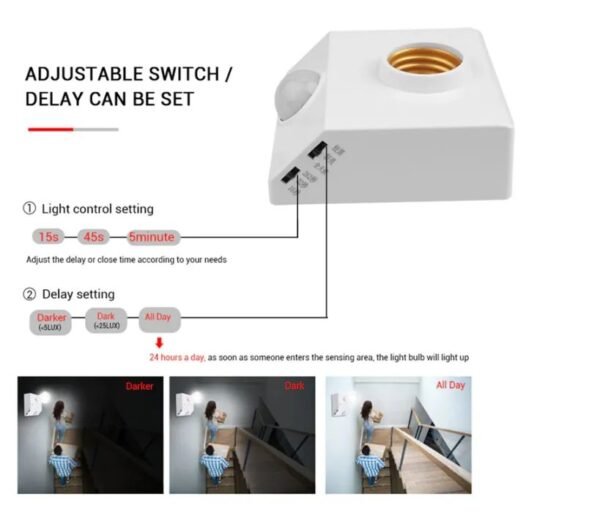 Automatic Human Body Infrared PIR Sensor Bulb Light Base PIR Motion 4 Automatic PIR Infrared Motion Sensor Lamp Holder – E27 Base
