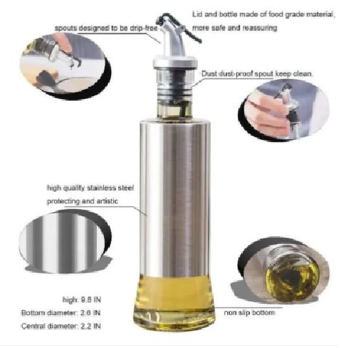 Glass Oil Bottle with Nozzle Head2 Glass Oil Bottle with Stainless Steel Nozzle Case – 300 ML
